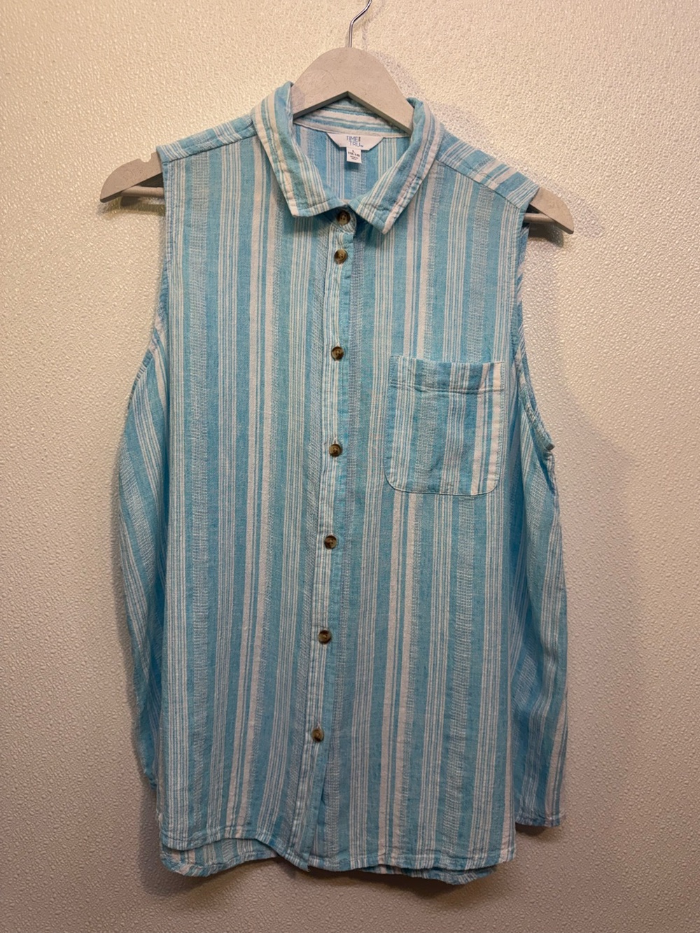 Time and Tru Aqua & White Striped Sleeveless Button-Up Muscle Tee Sz L
